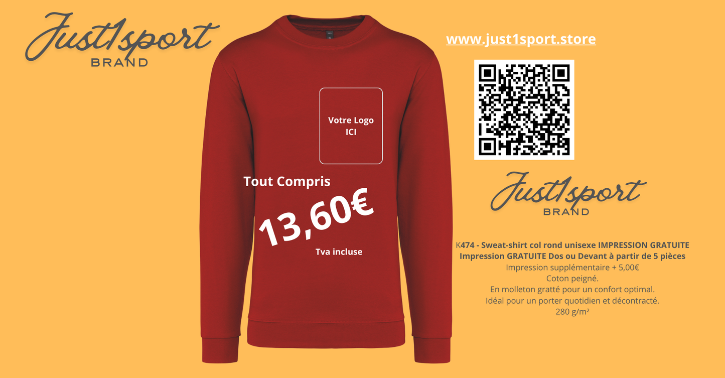 K474 - Sweat-shirt col rond unisexe IMPRESSION GRATUITE